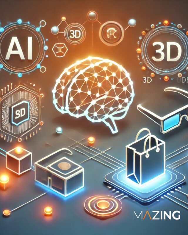 digitale Symbole für künstliche Intelligenz, 3D-Modelle, Augmented Reality und E-Commerce