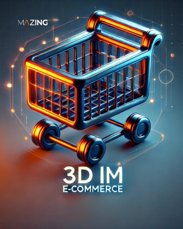 Futuristischer 3D-Einkaufswagen in Blau und Orange, der Innovation und 3D-Visualisierung im eCommerce symbolisiert.