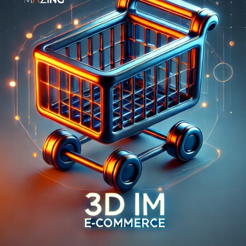 Futuristischer 3D-Einkaufswagen in Blau und Orange, der Innovation und 3D-Visualisierung im eCommerce symbolisiert.