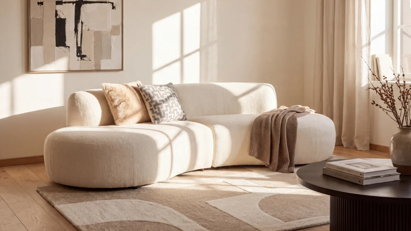 KI-Milieubild: Bouclé-Sofa im hellen Wohnraum