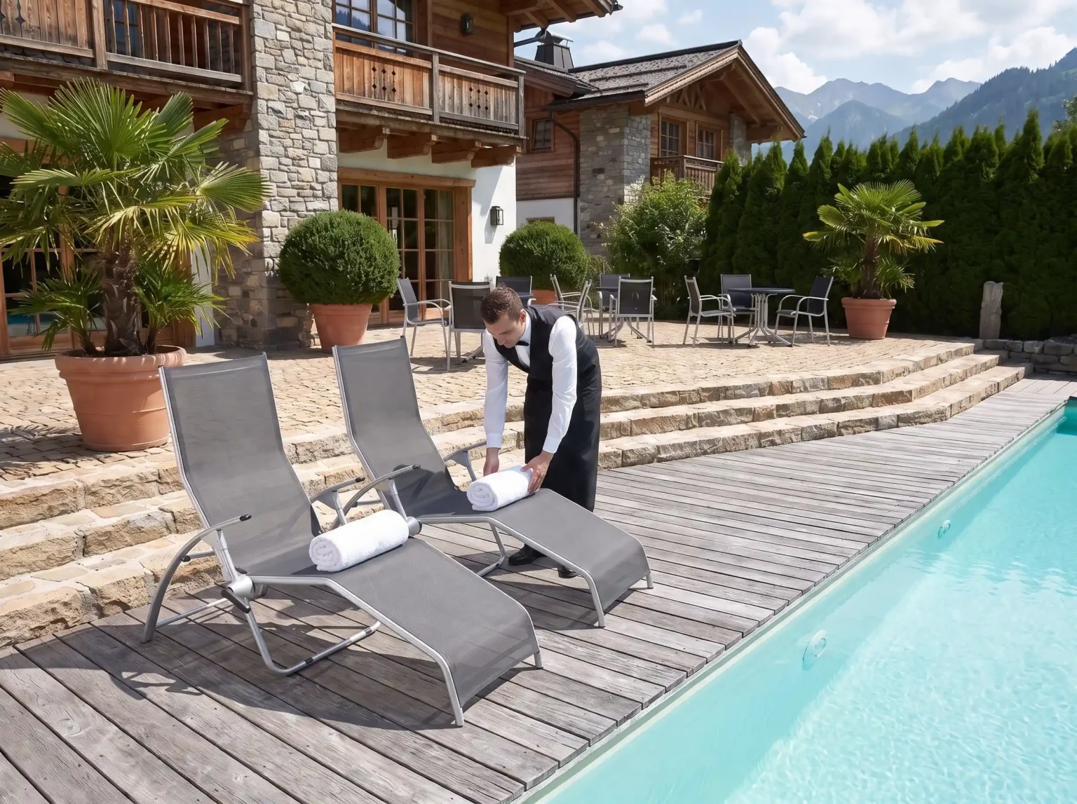 Kettler lifestyle image: poolside loungers with hotel service