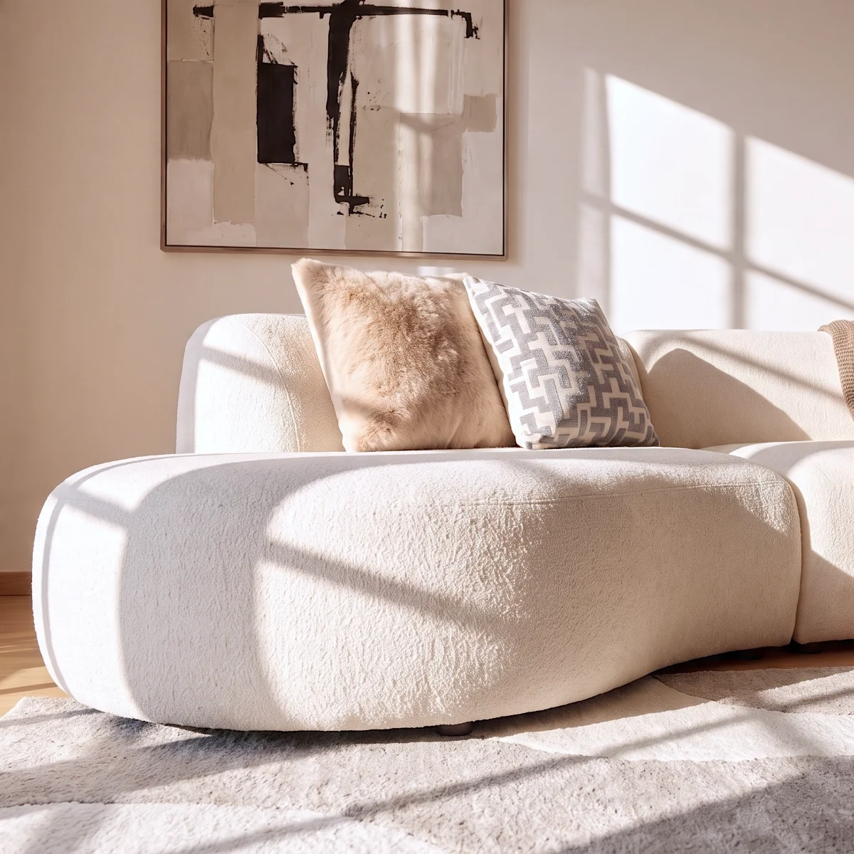 Recommended furniture in the customer’s room: bouclé sofa with cushion below abstract wall art