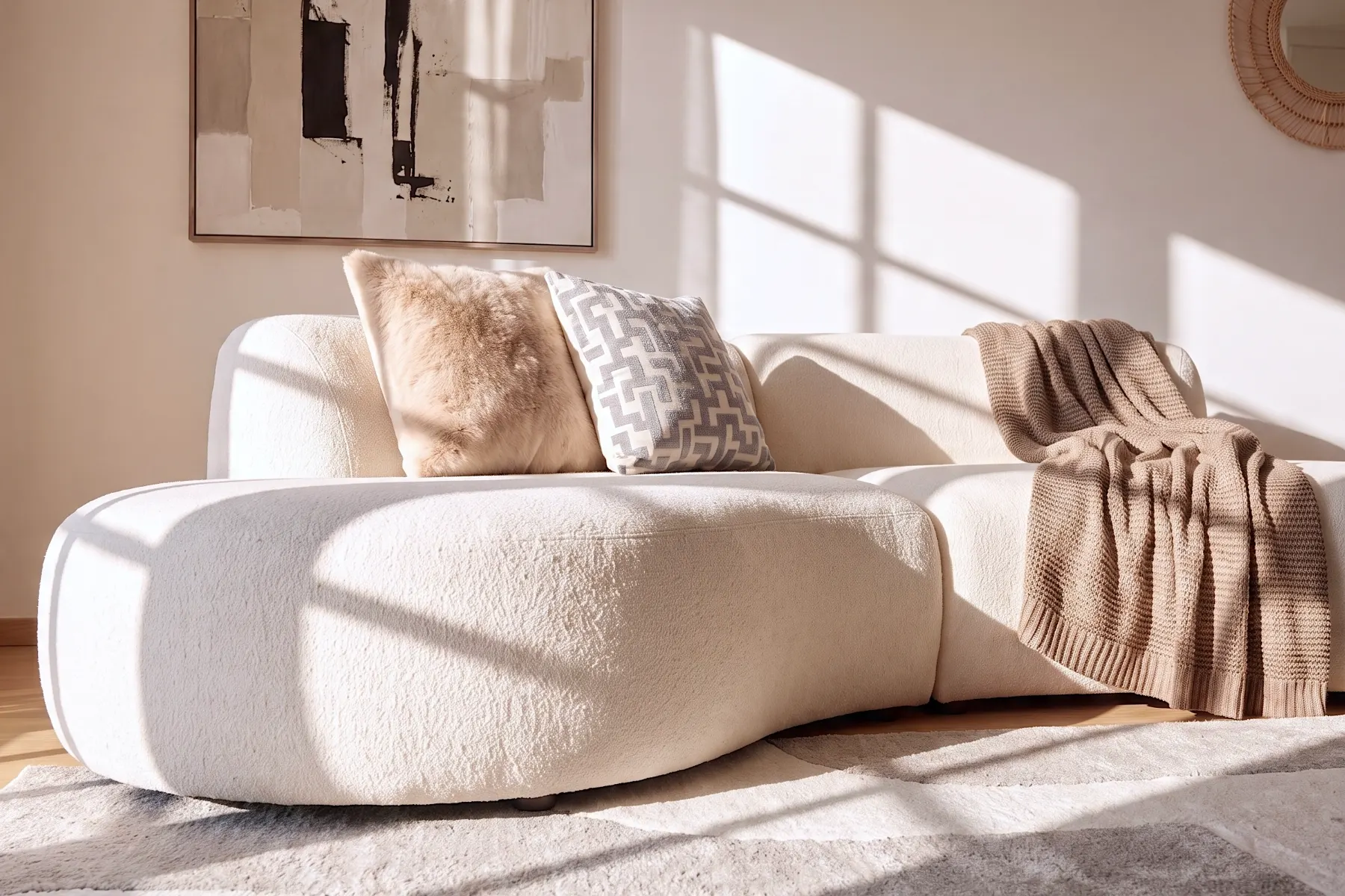 AI Room Designer: customer room with a bouclé sofa, cushion and wall art as a furnishing suggestion