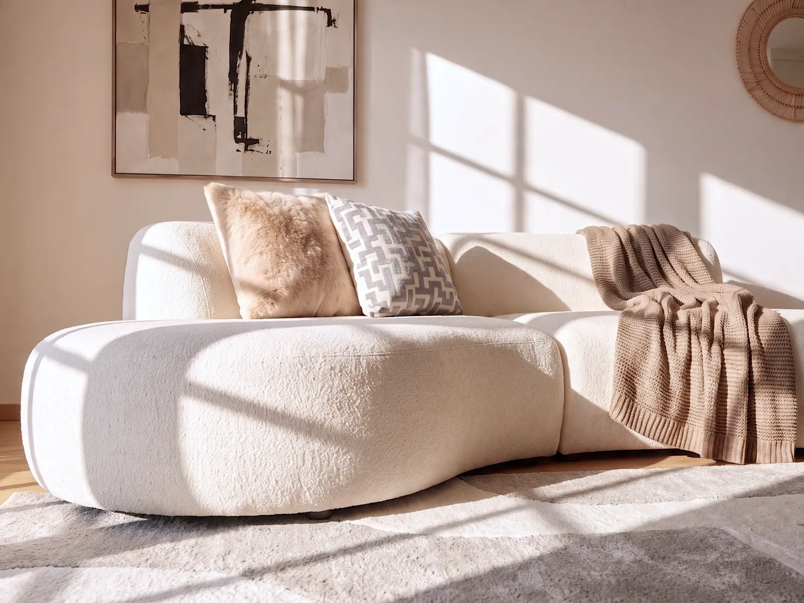 AI room visualization: recommended bouclé sofa with cushions and throw in the customer's living room