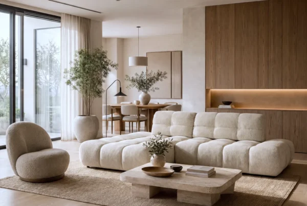 AI product image of a living room with a bouclé sofa and travertine coffee table