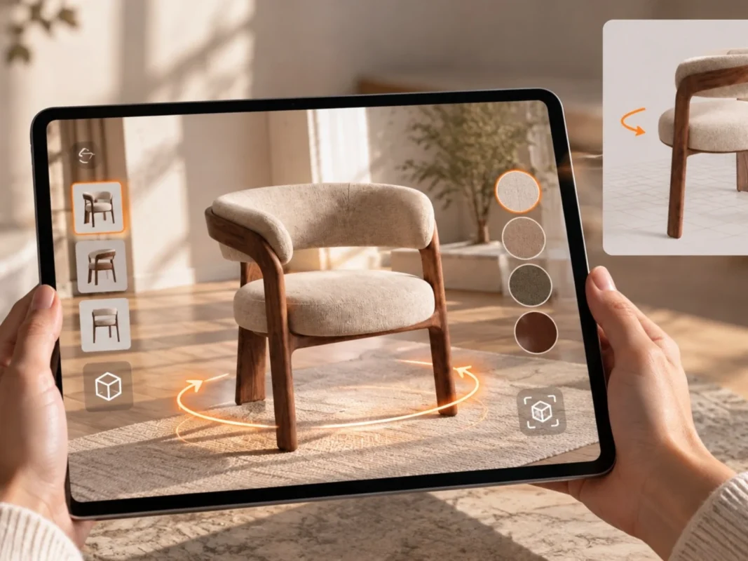 AR auf der Produktseite: Sessel per Tablet im Wohnzimmer platziert